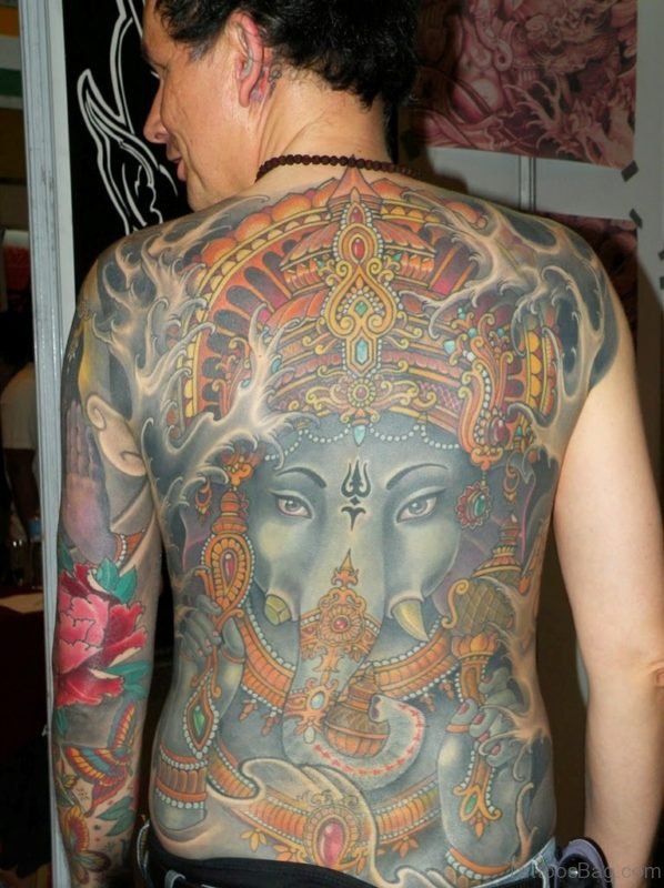 Colored Ganesha Tattoo On Back