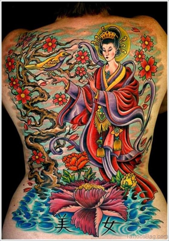 Colored Geisha Tattoo On Back Image