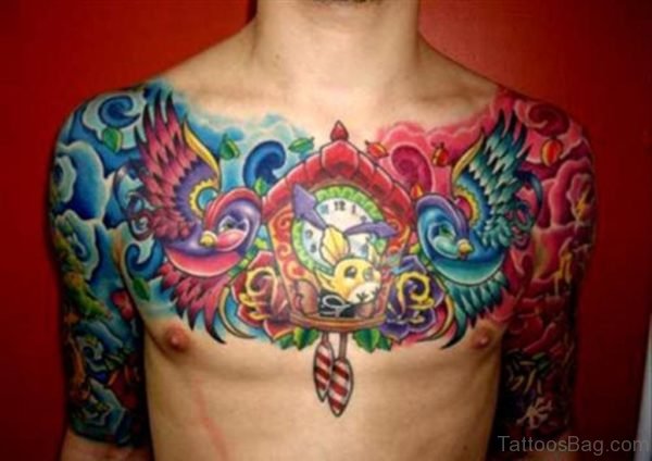 Colored Ink Flying Birds With Clock Chest Tattoo