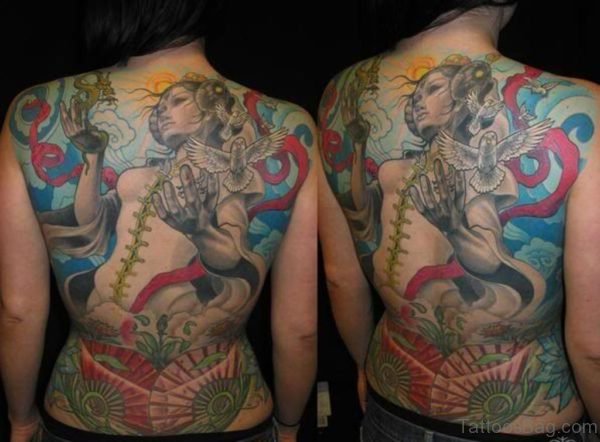Colored Ink Geisha Girl With Dove Tattoo On Back