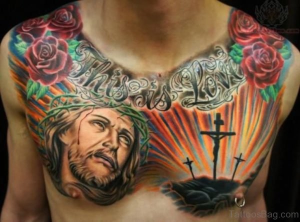 Colored Jesus And Cross Tattoo
