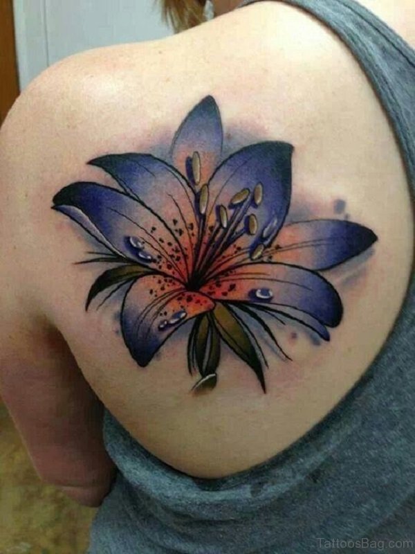 Colored Lily Shoulder Blade Tattoo
