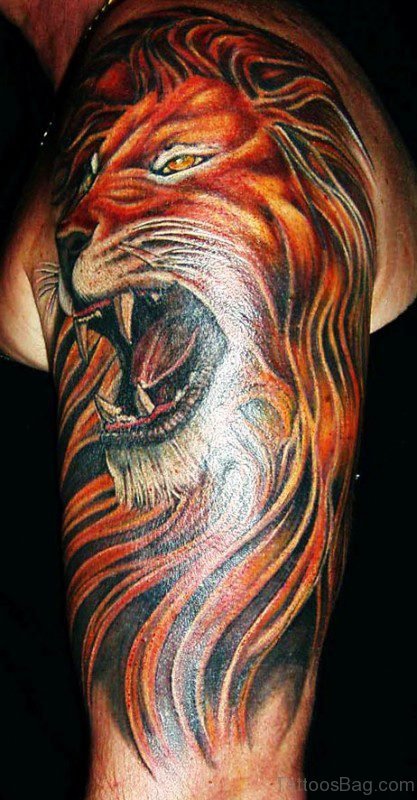 Colored Lion Face Shoulder Half Sleeves Tattoo