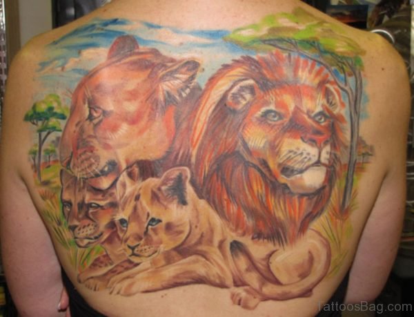 Colored Lion Family Tattoo On Back 