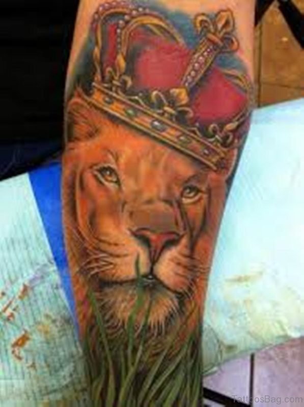 Colored Lion Tattoo On Leg