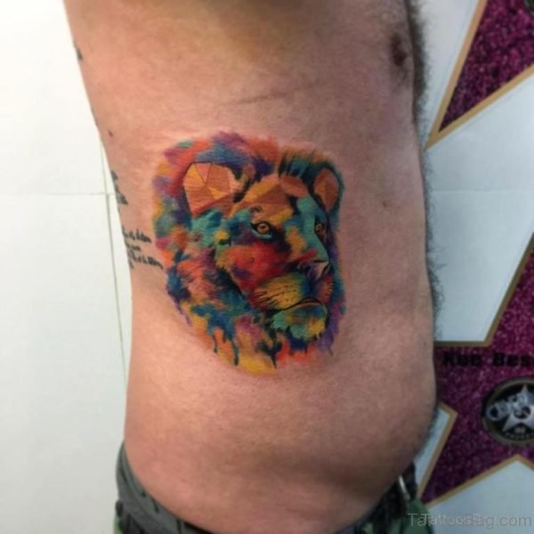 Colored Lion Tattoo On Rib