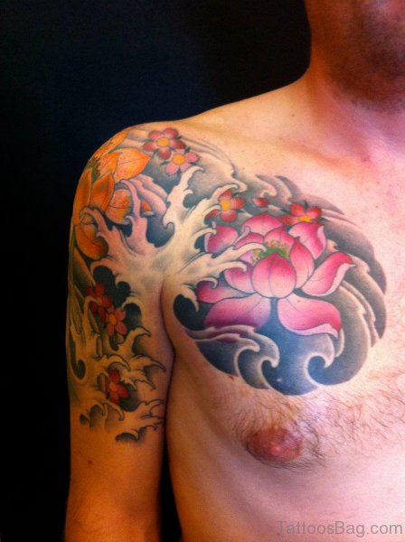 Colored Lotus Tattoo On Chest