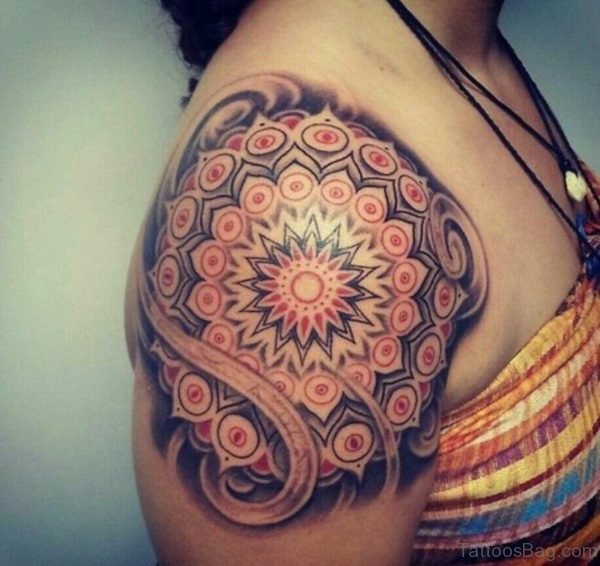 Colored Mandala Tattoo On Shoulder
