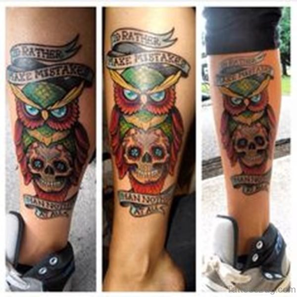 Colored Owl And Skull Tattoo