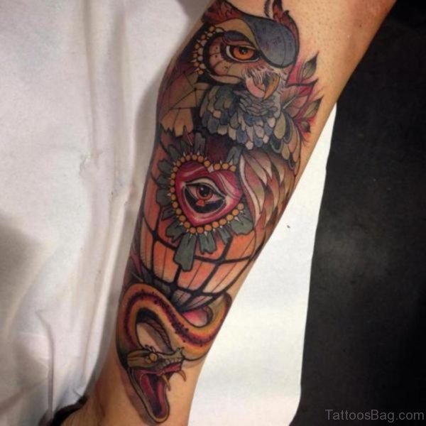 Colored Owl Tattoo Design For Leg