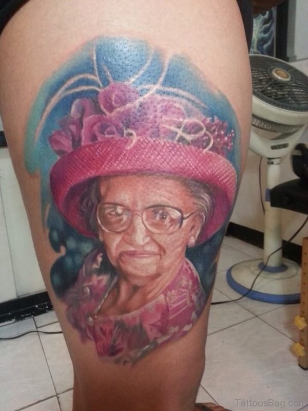 Colored Portrait Tattoo On Thigh