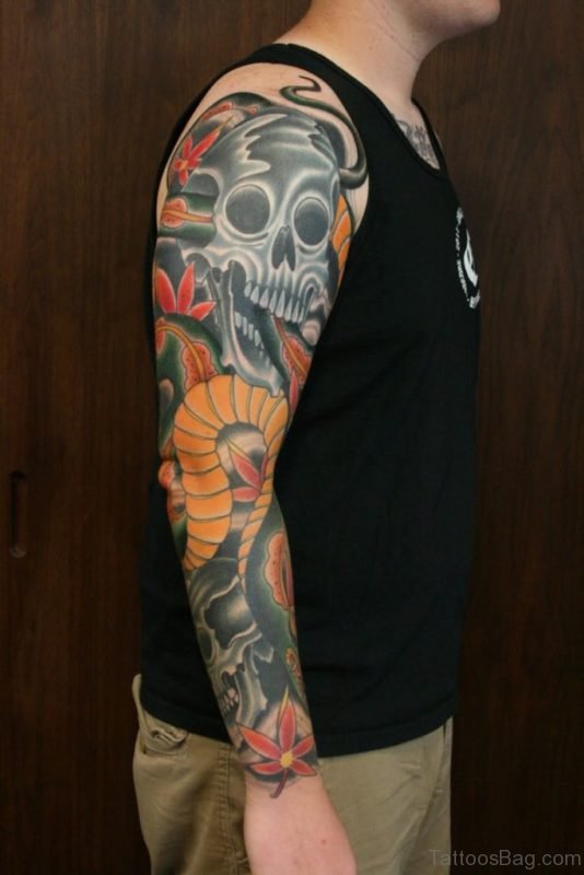 Colored Skull Tattoo Full Sleeve Tattoo