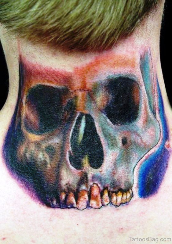 Colored Skull Tattoo On Neck