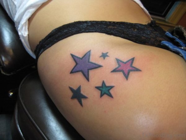 Colored Stars Tattoos On Girl Side Thigh