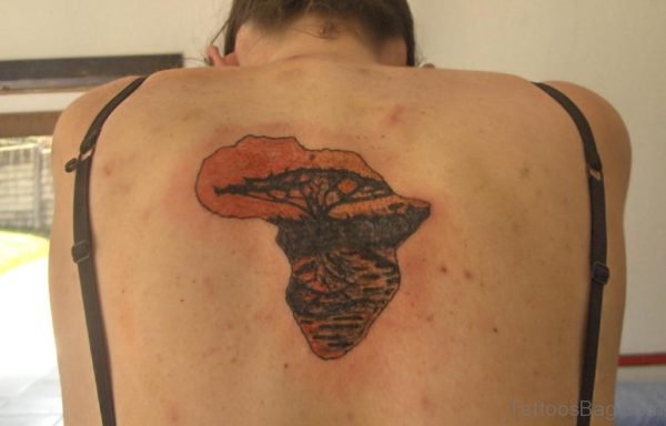 Colored Tree In African Map Tattoo on Back