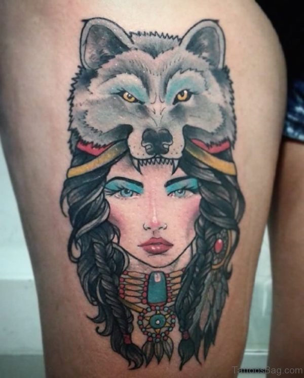 Colored Wolf Girl Tattoo On Right Thigh
