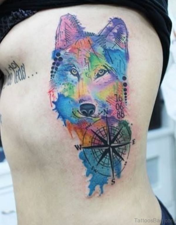 Colored Wolf Tattoo On Rib