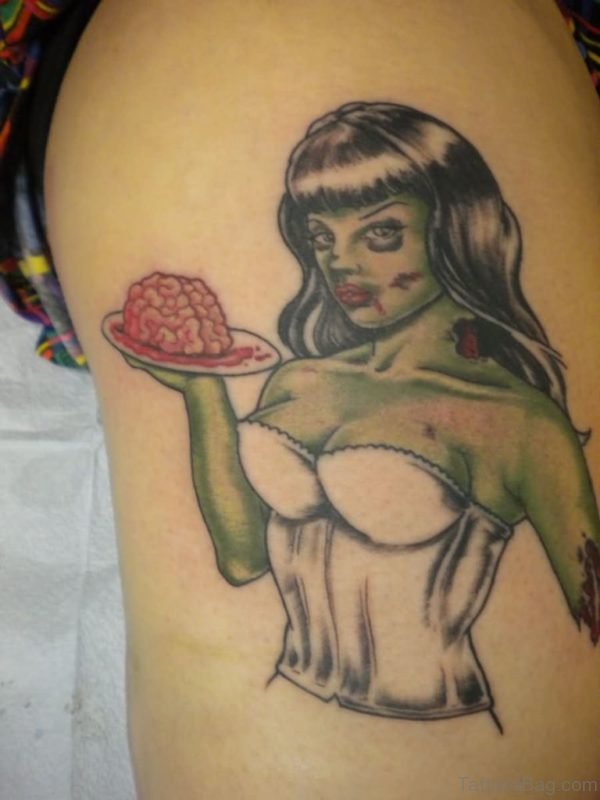 Colored Zombie Tattoo On Left Shoulder