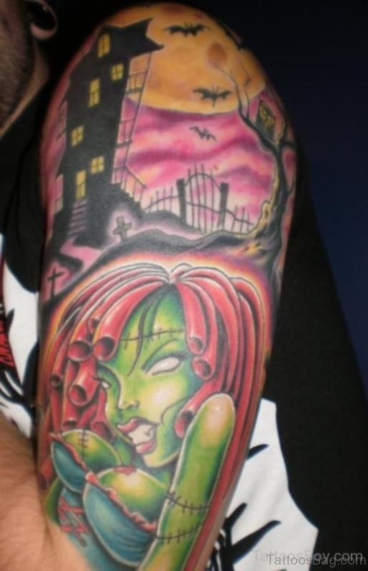 Colored Zombie Tattoo On Shoulder