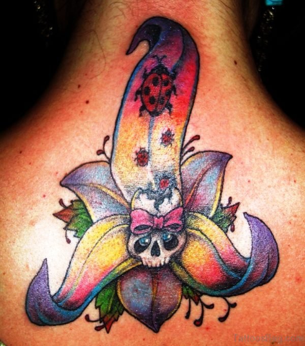 Colored Skull Tattoo On Neck