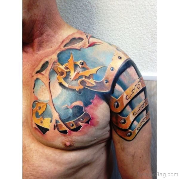Colorful Armour Tattoo On Chest