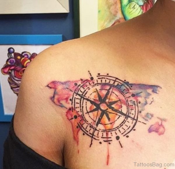 Colorful Bird with Compass Tattoo