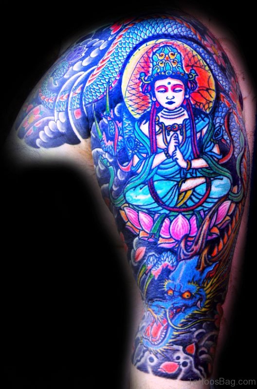 Colorful Buddha Tattoo Design On Sleeve