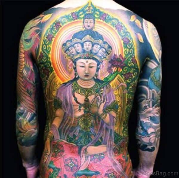 Colorful Buddha Tattoo On Back