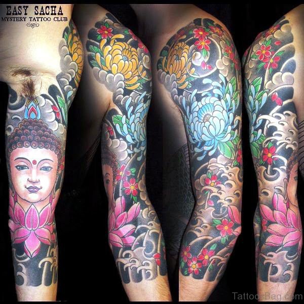 Colorful Buddha Tattoo With Flowers