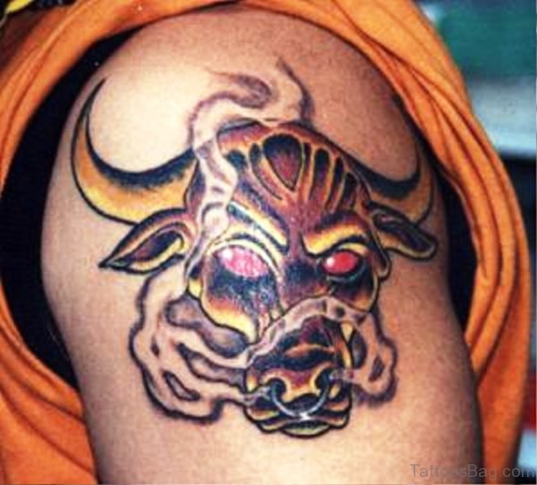 Colorful Bull Head Tattoo On Shoulder