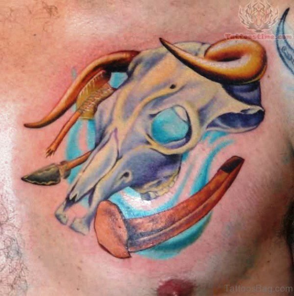 Colorful Bull Skull Tattoo On Chest