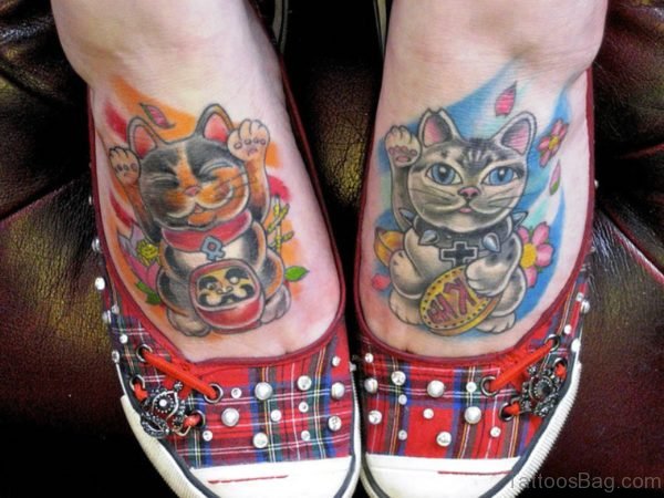 Colorful Cats Tattoos Design On Feet