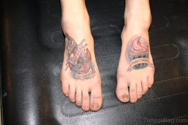 Colorful Cupcake Tattoo On Foot Image
