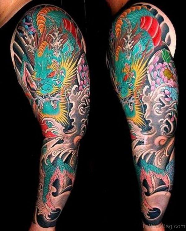 Colorful Dragon Tattoo On Full Sleeve