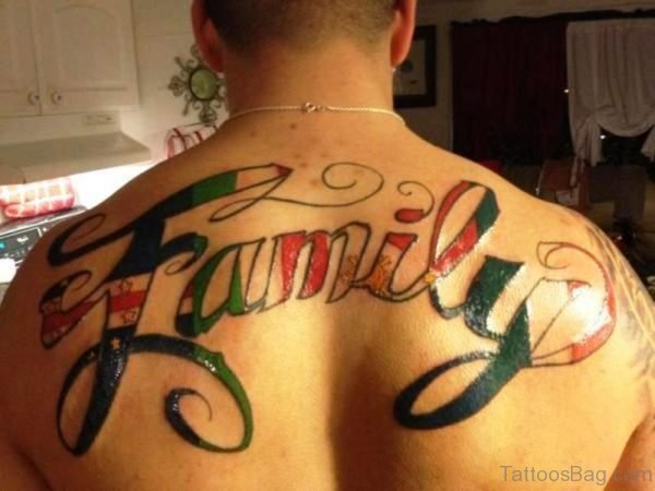 Colorful Family Ambigram Tattoo on Back