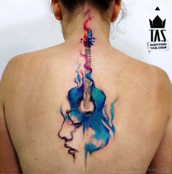 Colorful Flaming Guitar Tattoo On Back