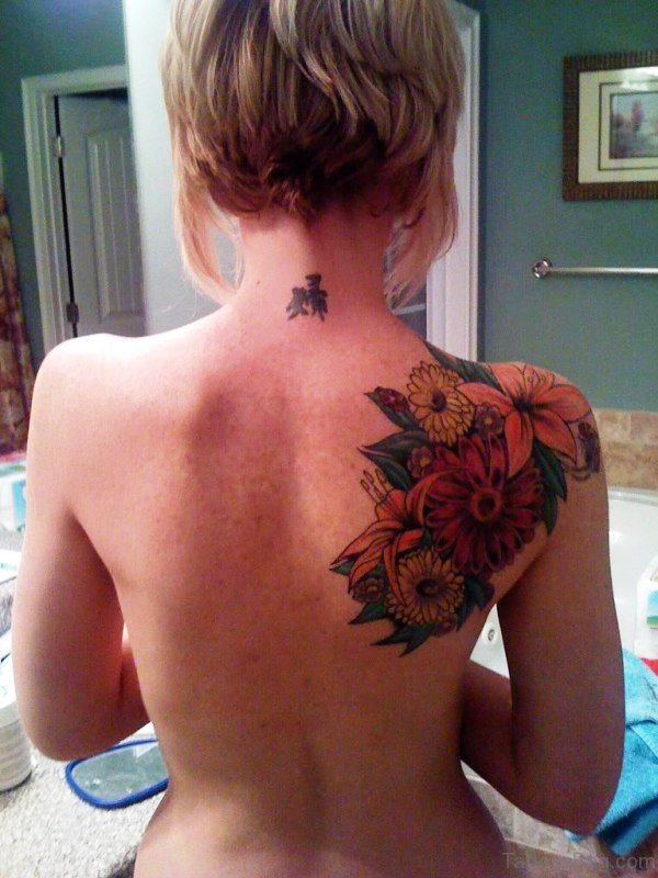 Colorful Flower Tattoo On Shoulder