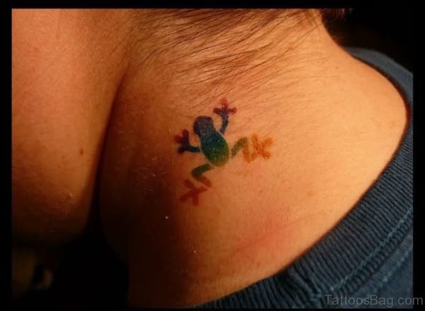 Colorful Frog Tattoo On Neck