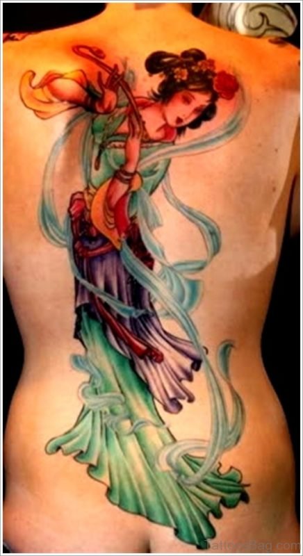 Colorful Geisha Tattoo Design On Back Body