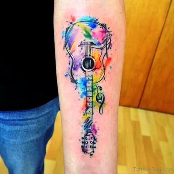 Colorful Guitar Tattoo On Forearm