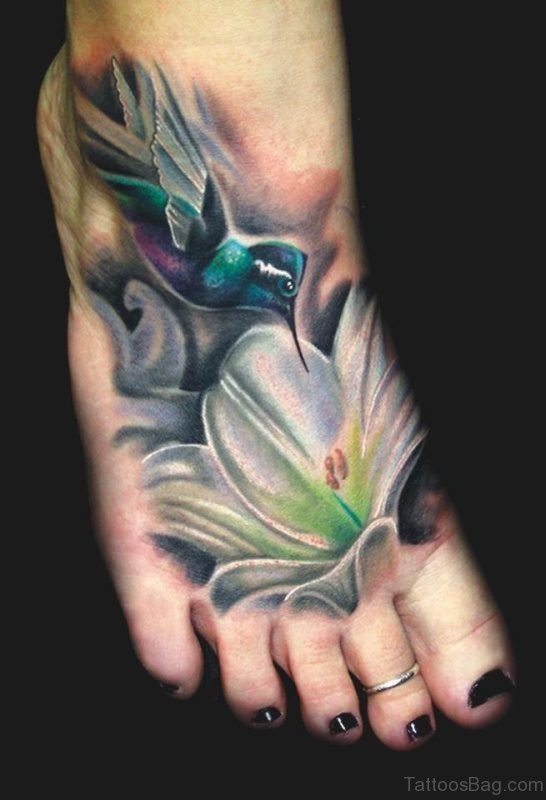 Colorful Hummingbird Tattoo On Foot