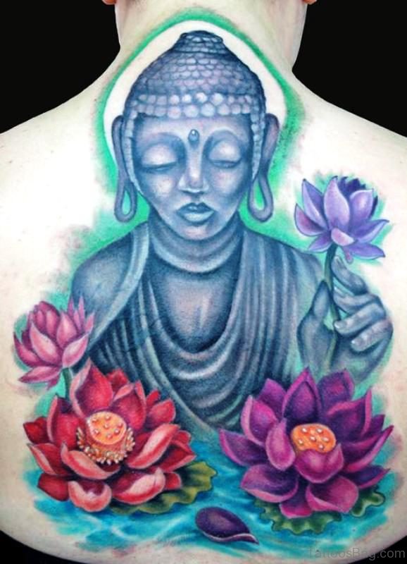 Colorful Lotus With Buddha Tattoo