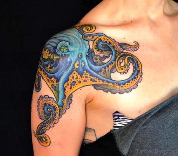 Colorful Octopus Tattoo On Shoulder 
