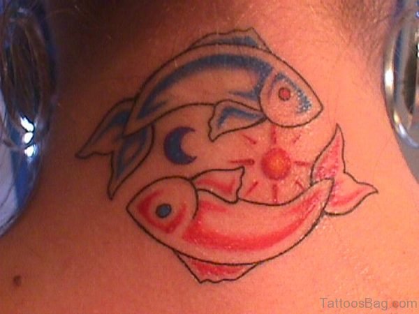 Colorful Pisces Tattoo On Neck Back