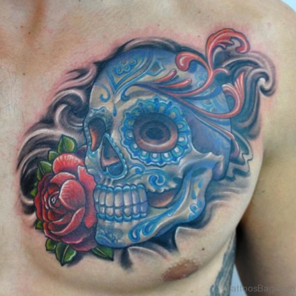 Colorful Sugar Skull With Rose Tattoo