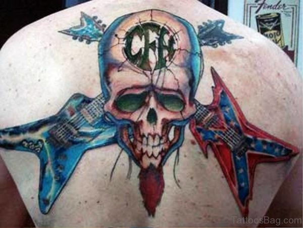 Colorful Two Guitars Tattoo With Skull Design