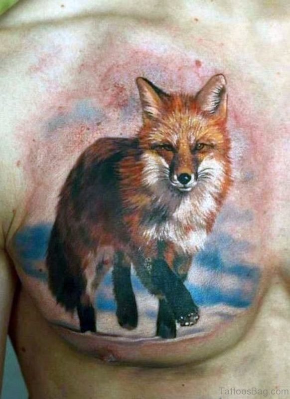 Colorful Watercolor Fox Tattoo Guys Chest