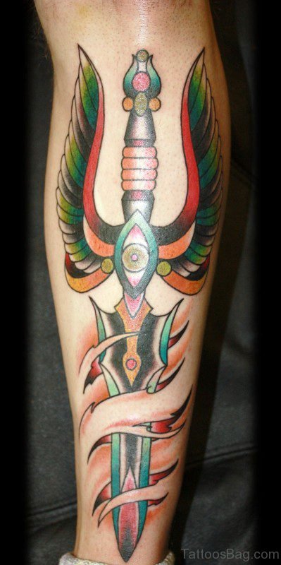 Colorful Winged Dagger Tattoo On Arm