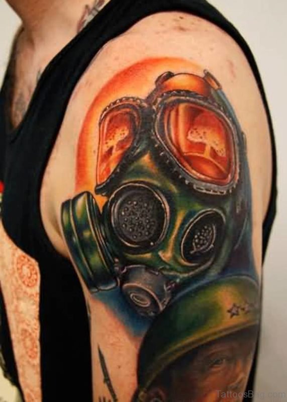 Colorful Zombie Gas Mask Tattoo On Left Shoulder