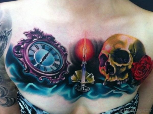 Colored Clock And Burning Candle With Skull Tattoo
